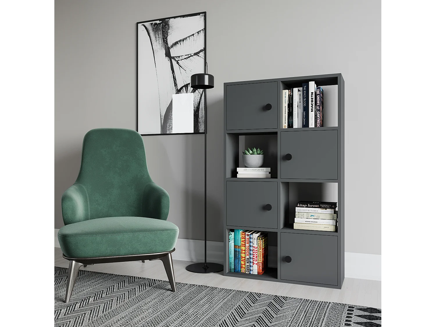 Tasso 123 cm H Bibliothèque 3 Étagères Ouvertes avec 3 Armoires Dos nu Rangement (Anthracite)