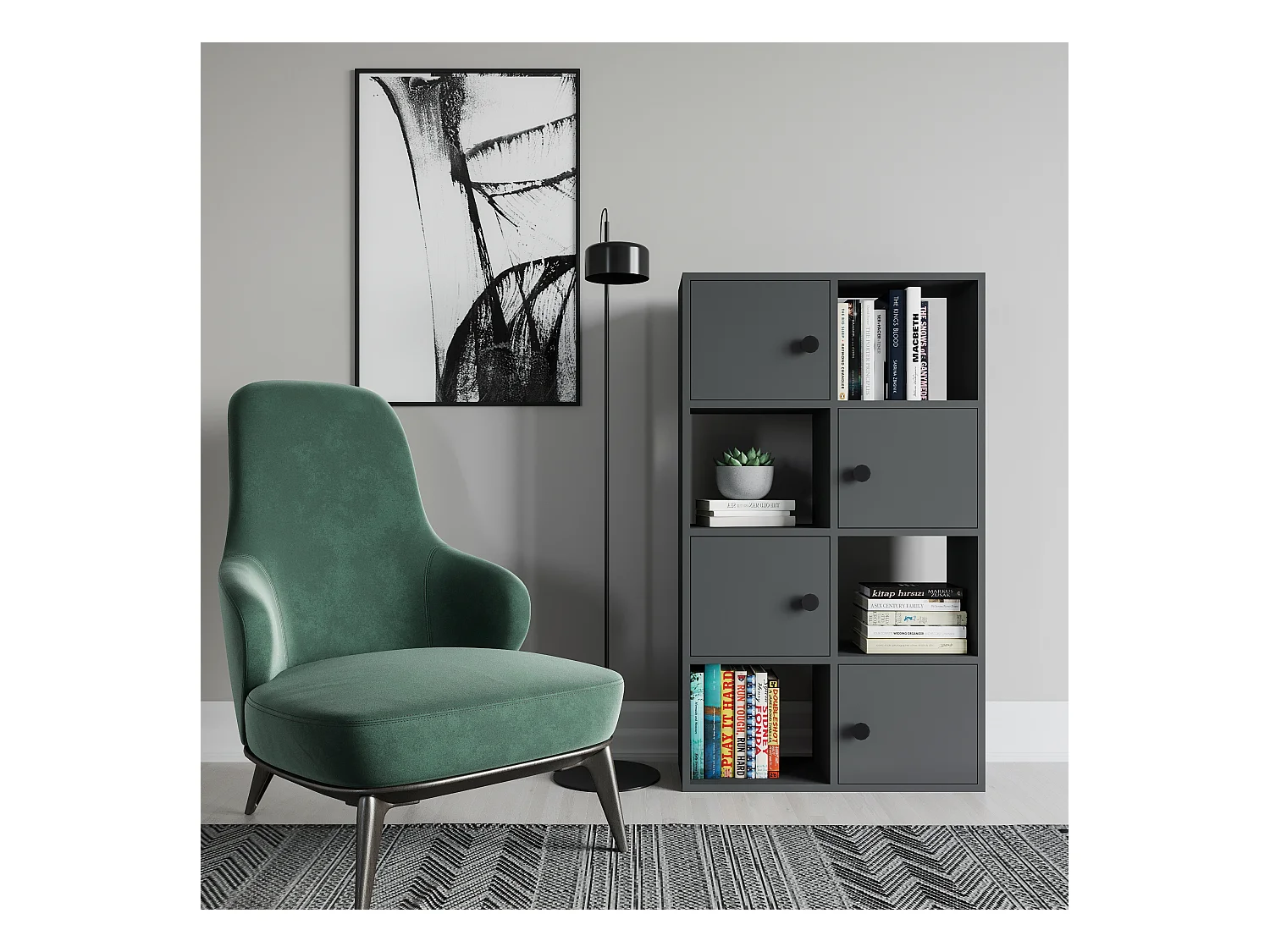 Tasso 123 cm H Bibliothèque 3 Étagères Ouvertes avec 3 Armoires Dos nu Rangement (Anthracite)