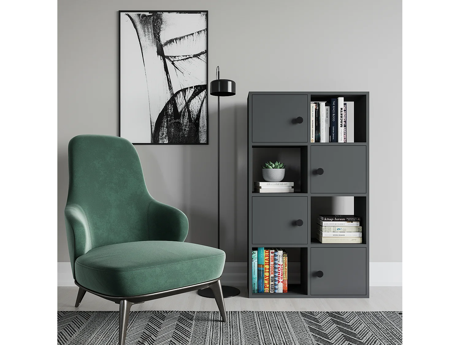 Tasso 123 cm H Bibliothèque 3 Étagères Ouvertes avec 3 Armoires Dos nu Rangement (Anthracite)