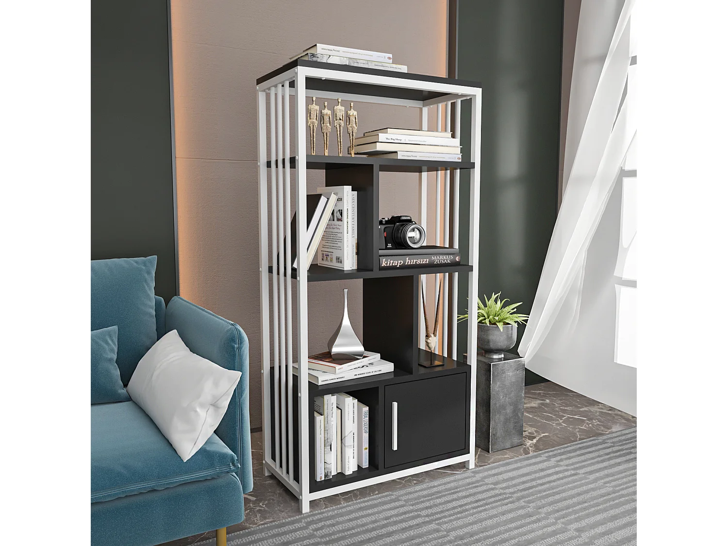 Decorotika Valero 3-tier Bookcase with Metal Frame and Cabinet - W 60 cm x H 120 cm x D 29.6 cm