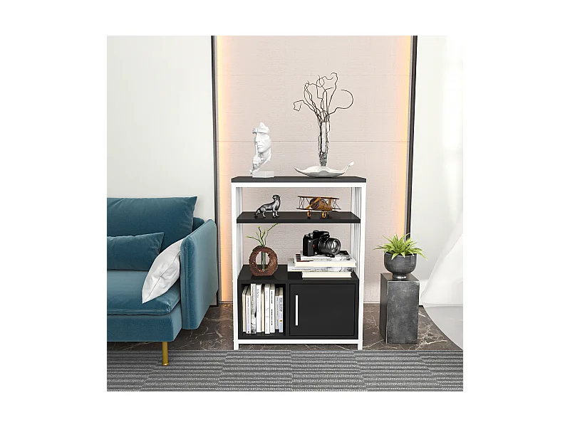 Bibliothèque Letos avec le cadre en métal et armoire, design stylistique (Anthracite et Blanc)