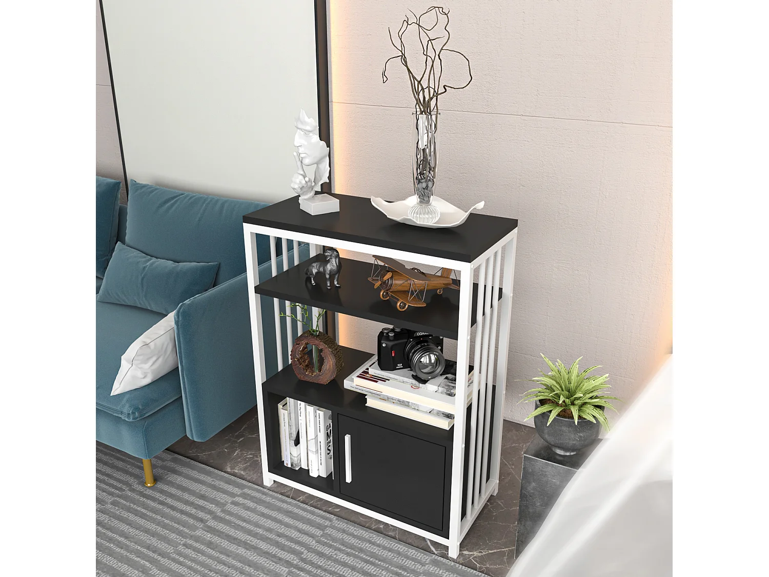 Bibliothèque Letos avec le cadre en métal et armoire, design stylistique (Anthracite et Blanc)