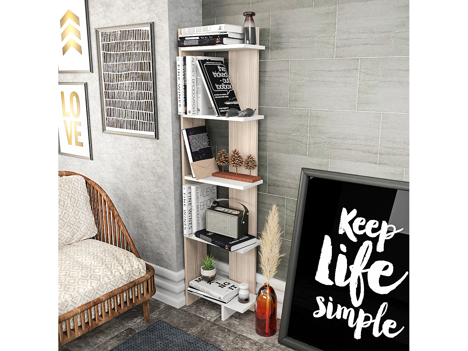 Bibliothèque d'angle 5-étagères Alice (Blanc et Cordoba)