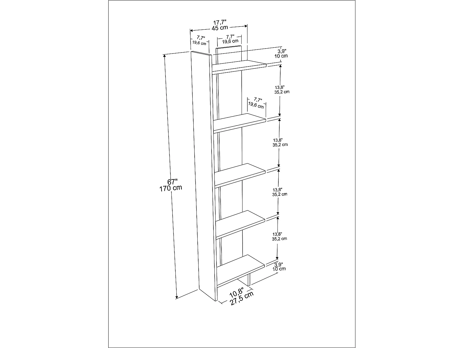 Decorotika Alice 5-tier Corner Bookcase Bookshelf Display Stand - 45 cm W x 19.6 cm D x 170 cm H