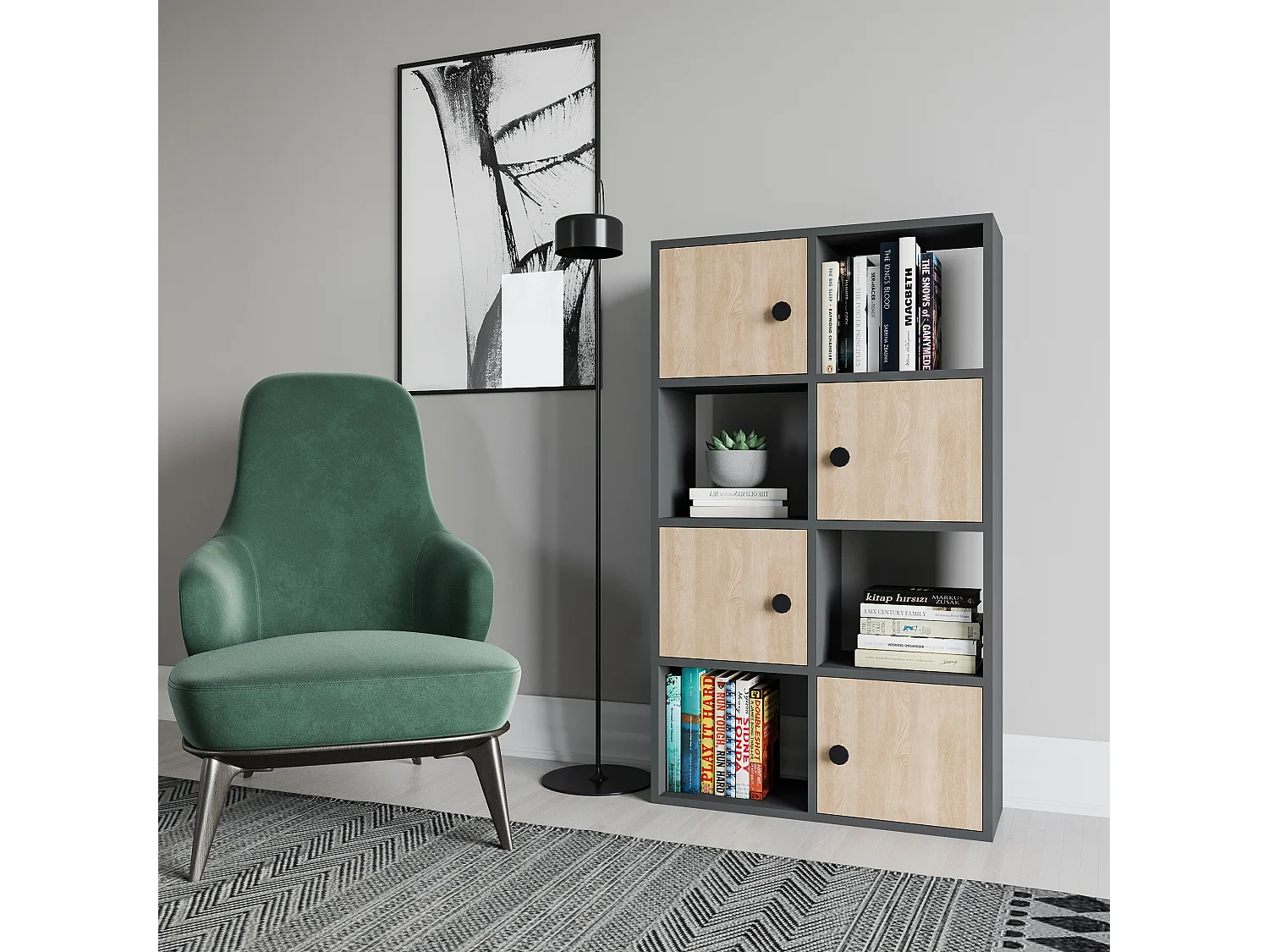 Tasso 123 cm H Bibliothèque 3 Étagères Ouvertes avec 3 Armoires Dos nu Rangement (Anthracite et Chêne)