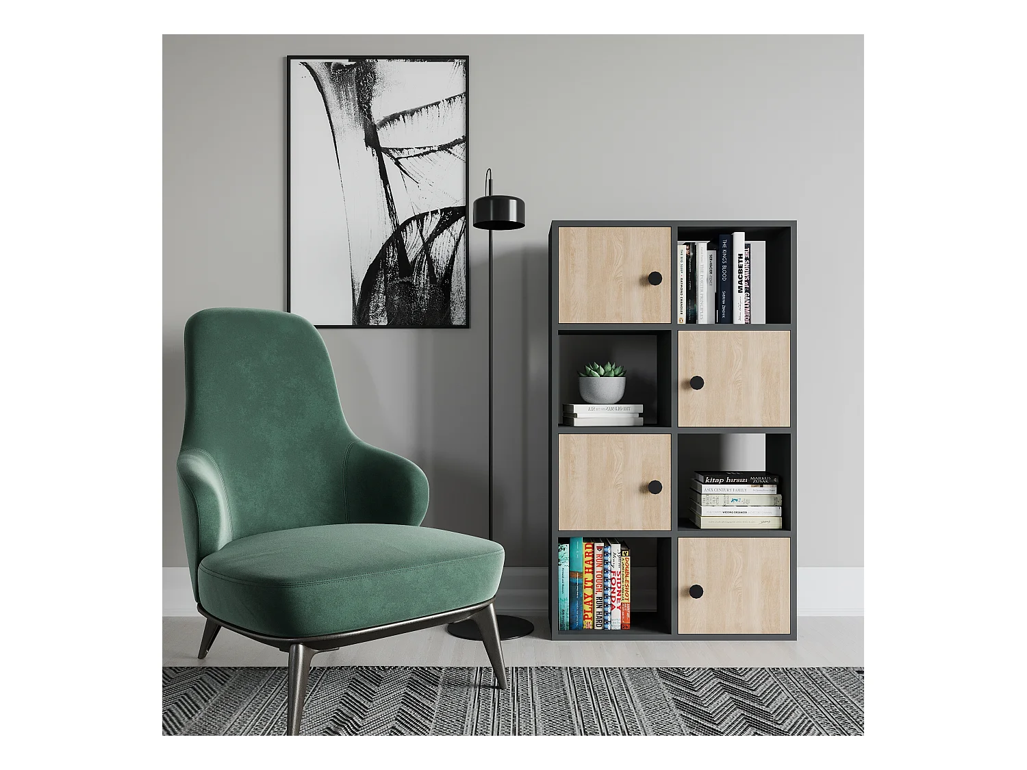 Tasso 123 cm H Bibliothèque 3 Étagères Ouvertes avec 3 Armoires Dos nu Rangement (Anthracite et Chêne)