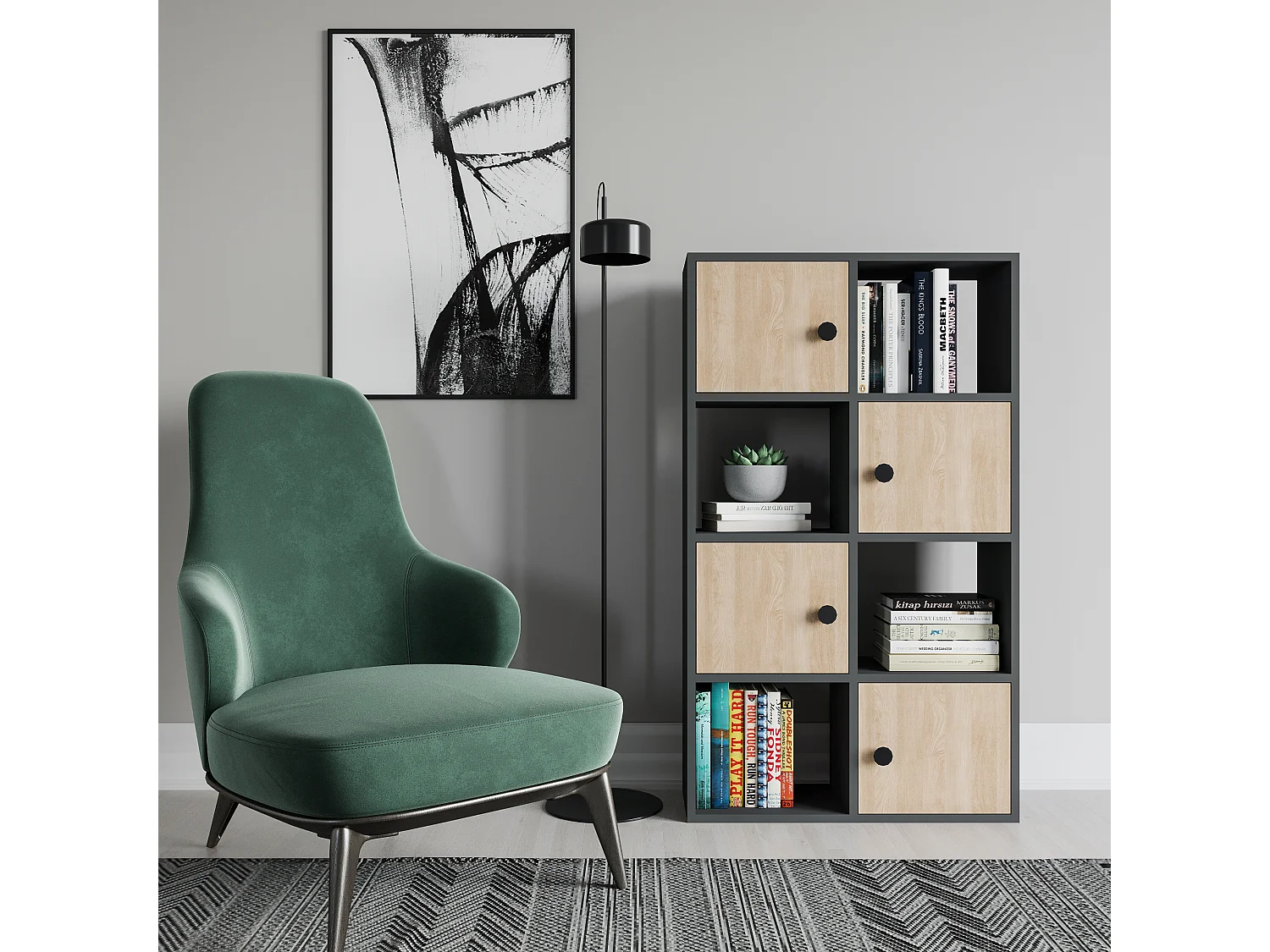 Tasso 123 cm H Bibliothèque 3 Étagères Ouvertes avec 3 Armoires Dos nu Rangement (Anthracite et Chêne)