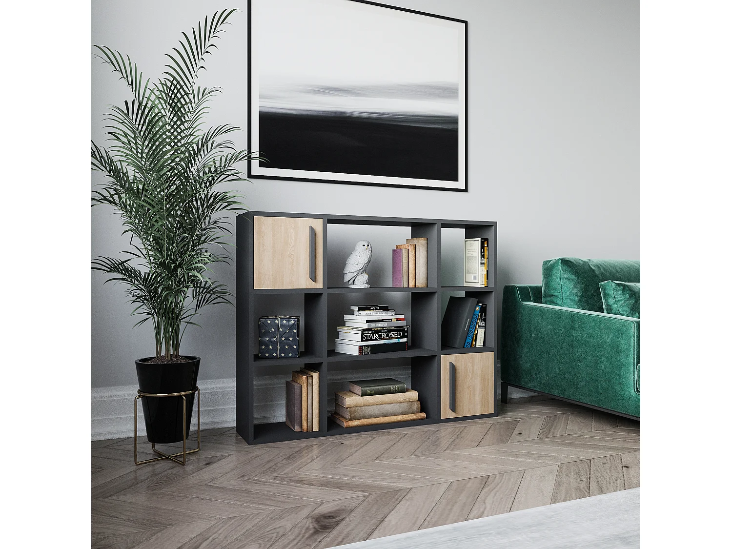 Randall Bibliothèque Rangement avec 2 Armoires et 7 Niches | Dos nu (Anthracite et Chêne)