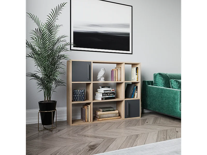 Randall Bibliothèque Rangement avec 2 Armoires et 7 Niches | Dos nu (Chêne et Anthracite)