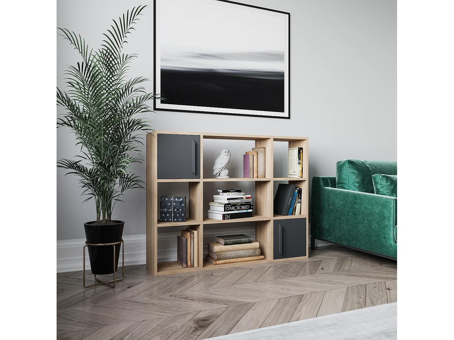 Randall Bibliothèque Rangement avec 2 Armoires et 7 Niches | Dos nu (Chêne et Anthracite)