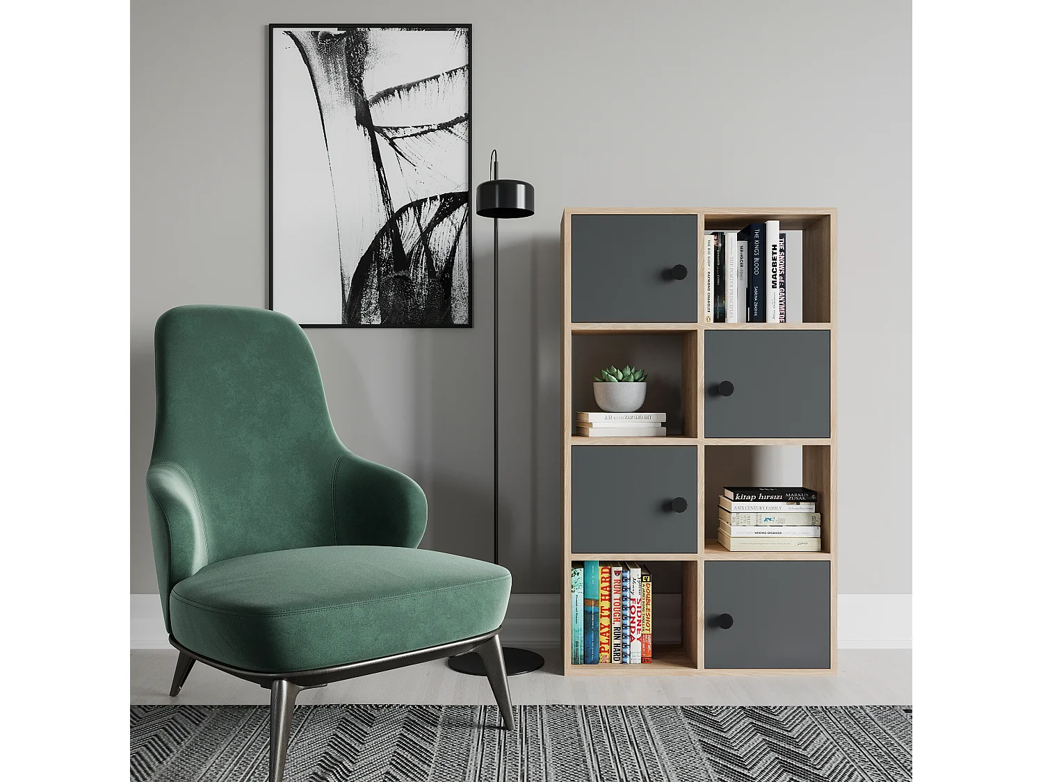 Tasso 123 cm H Bibliothèque 3 Étagères Ouvertes avec 3 Armoires Dos nu Rangement (Chêne et Anthracite)