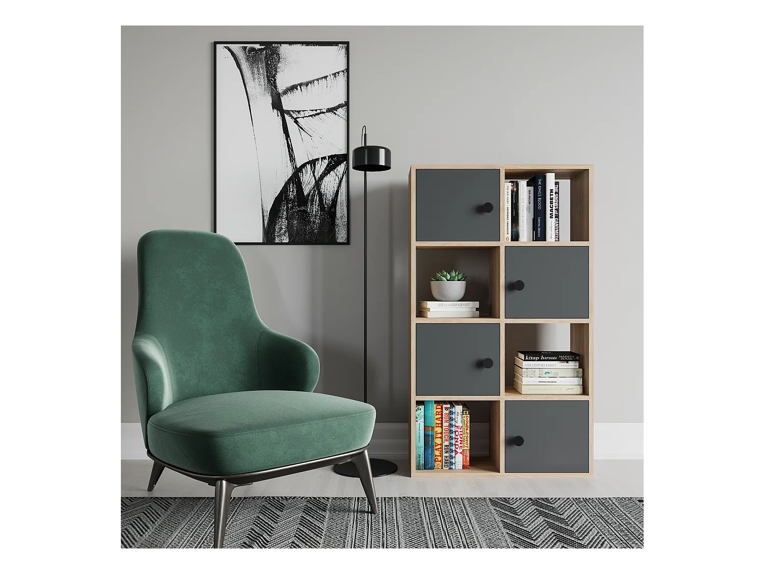 Tasso 123 cm H Bibliothèque 3 Étagères Ouvertes avec 3 Armoires Dos nu Rangement (Chêne et Anthracite)