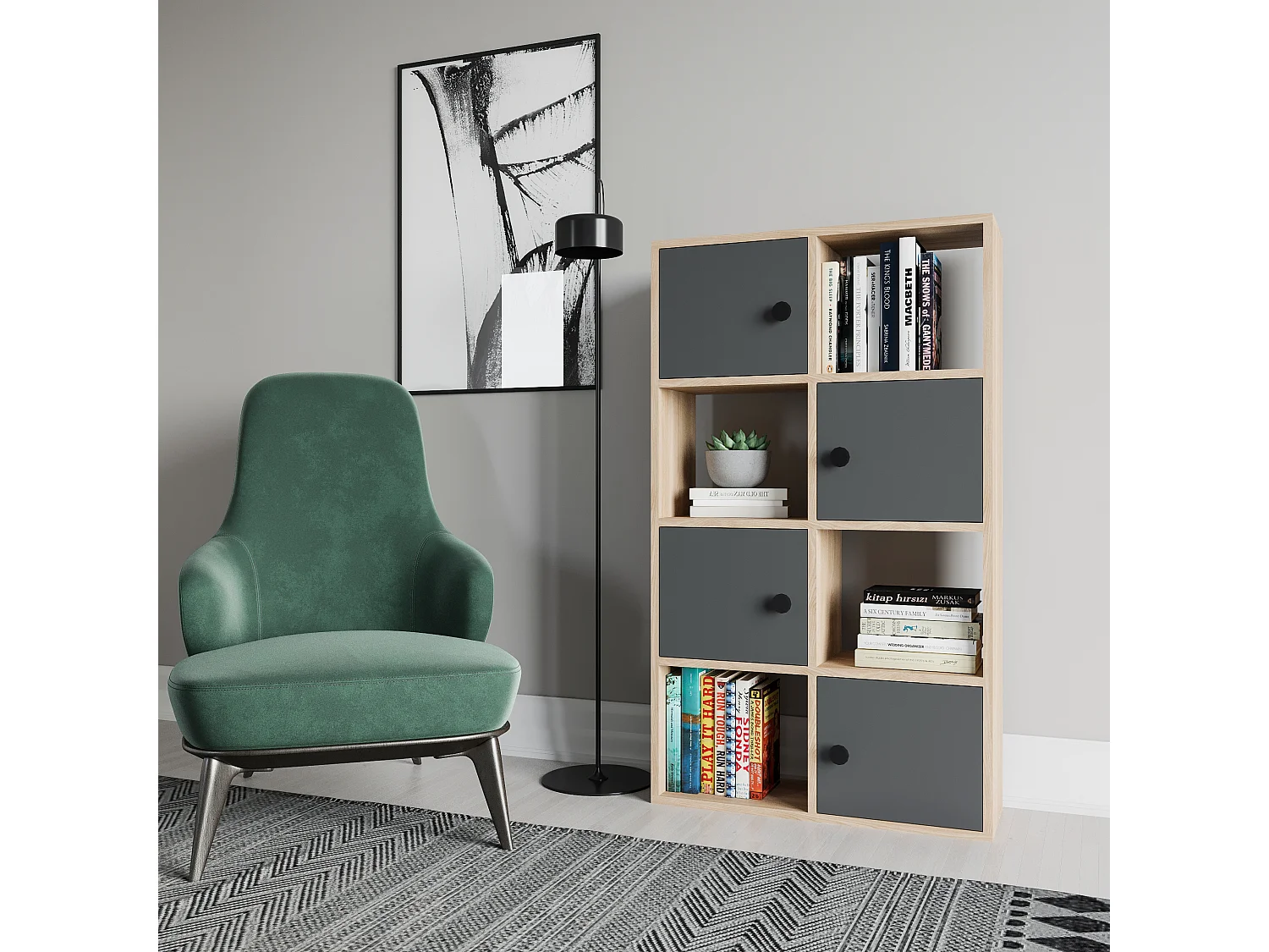 Tasso 123 cm H Bibliothèque 3 Étagères Ouvertes avec 3 Armoires Dos nu Rangement (Chêne et Anthracite)