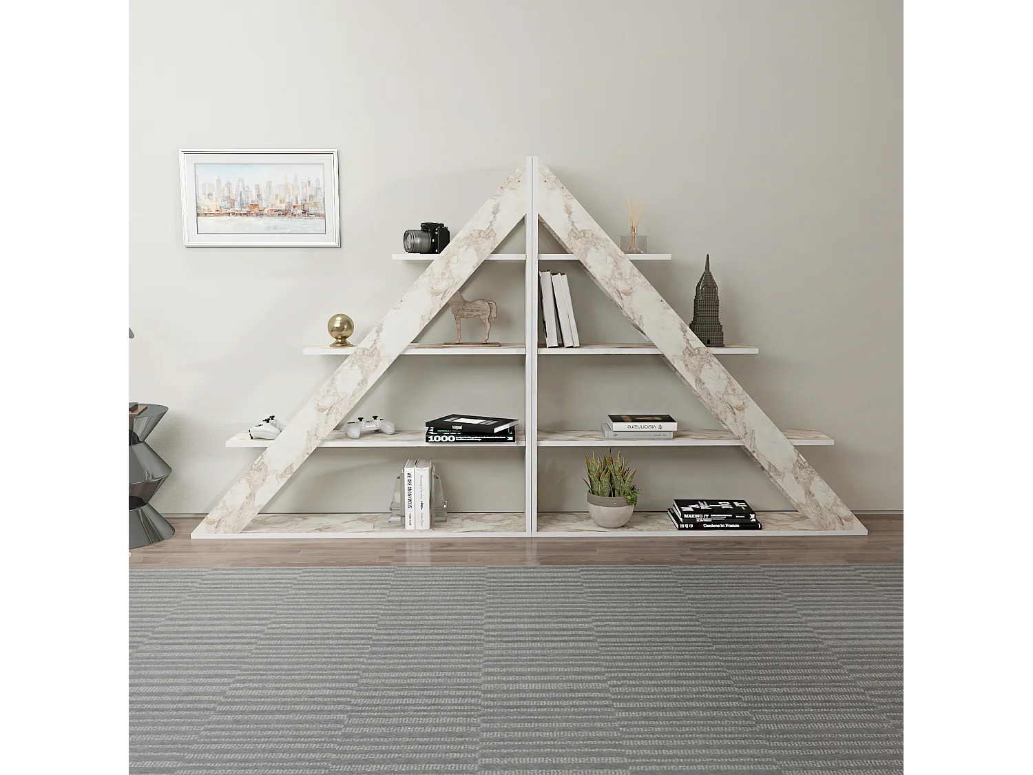 Pisagor Bibliothèque d'angle, Rangement et Étagère 3 Niveaux (Effet marbre blanc)