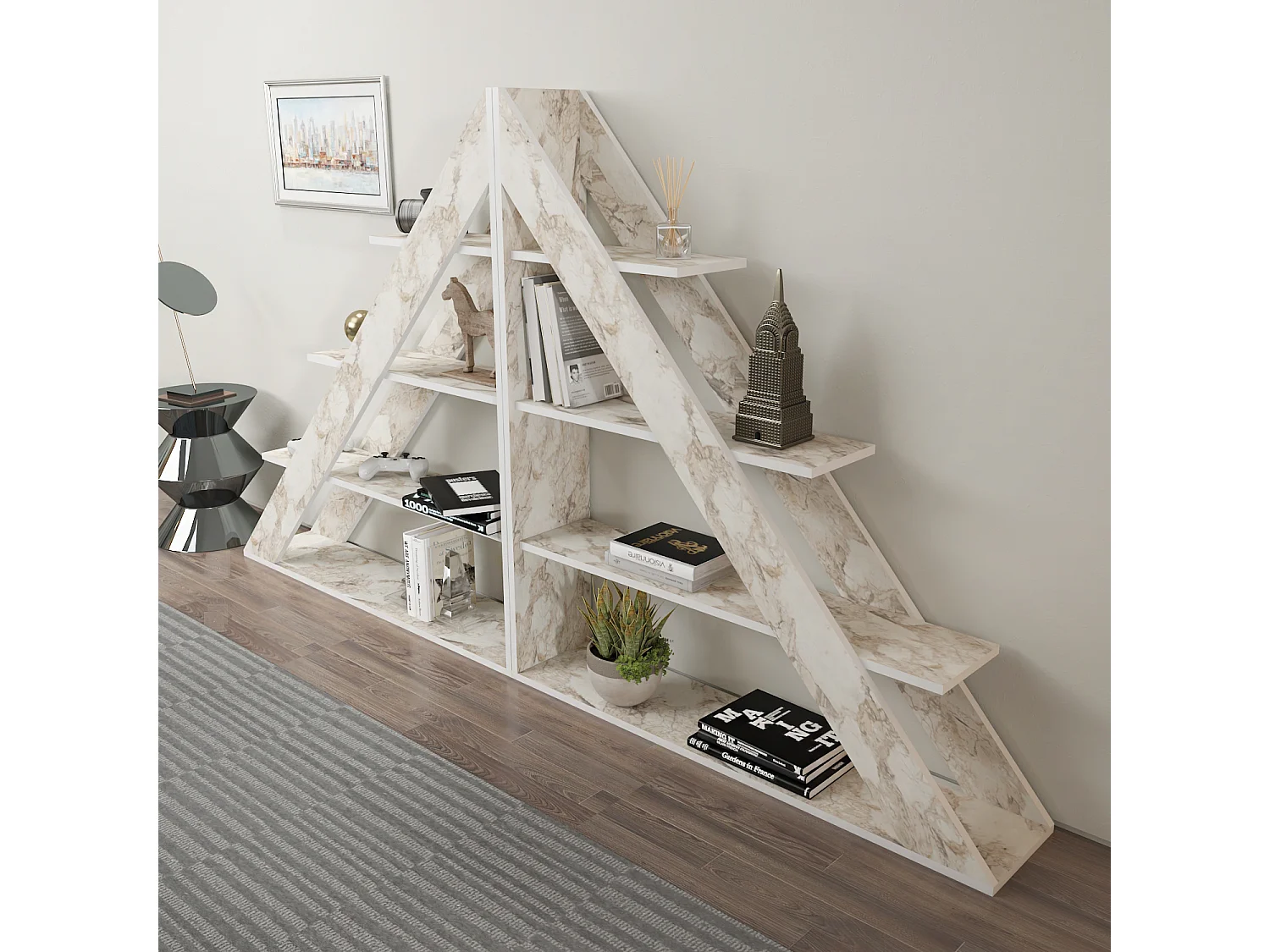 Pisagor Bibliothèque d'angle, Rangement et Étagère 3 Niveaux (Effet marbre blanc)