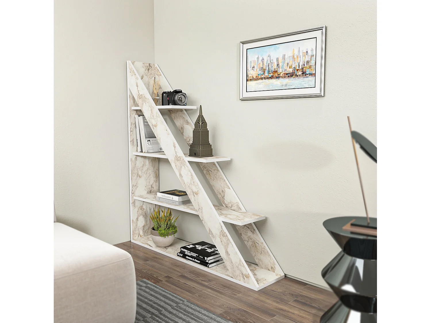 Pisagor Bibliothèque d'angle, Rangement et Étagère 3 Niveaux (Effet marbre blanc)