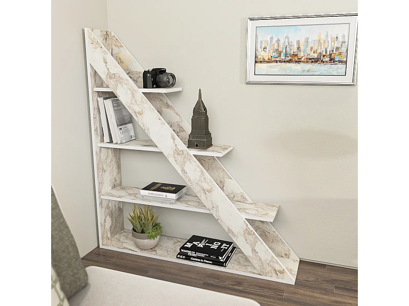 Pisagor Bibliothèque d'angle, Rangement et Étagère 3 Niveaux (Effet marbre blanc)