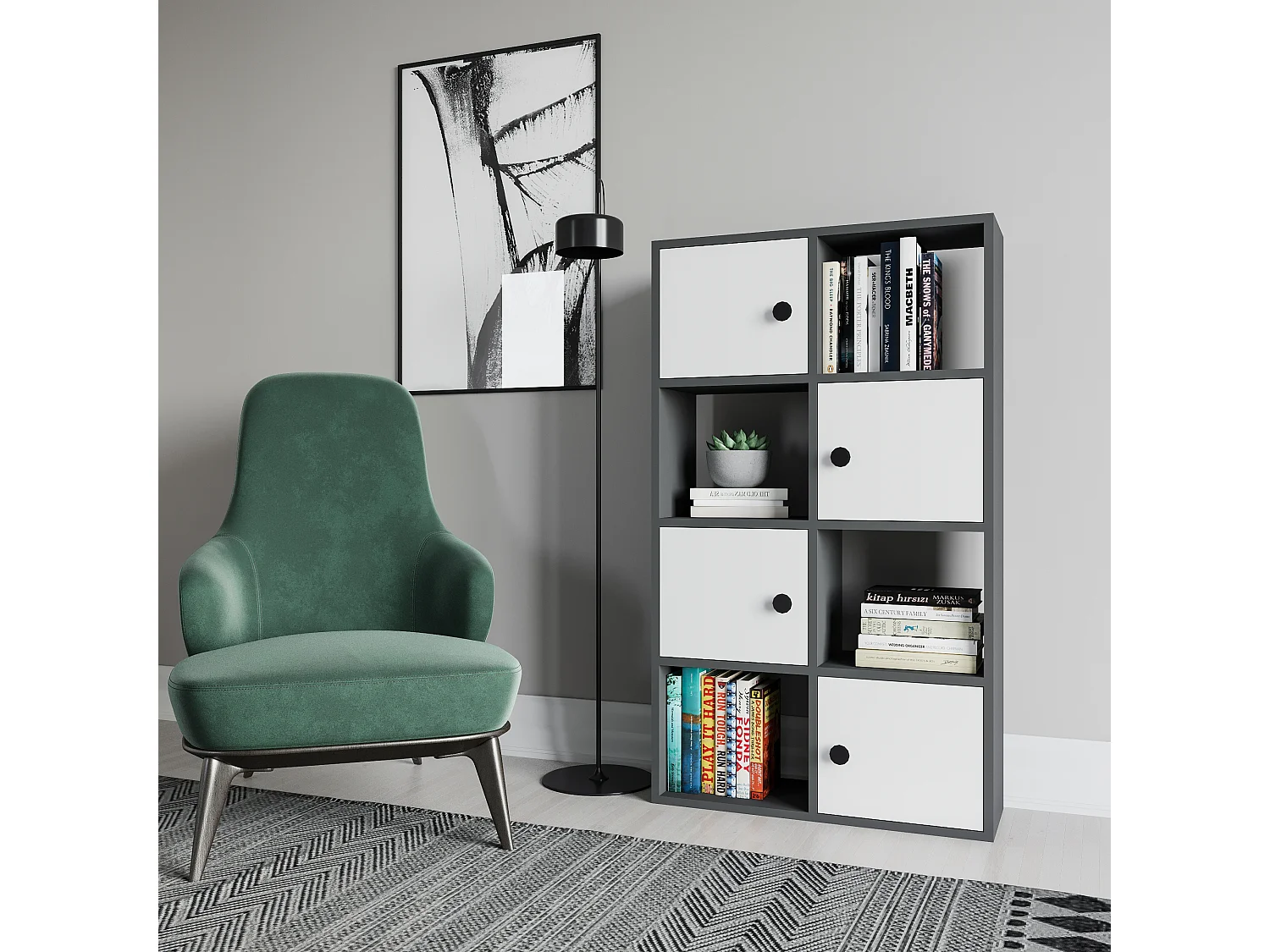 Tasso 123 cm H Bibliothèque 3 Étagères Ouvertes avec 3 Armoires Dos nu Rangement (Anthracite et Blanc)