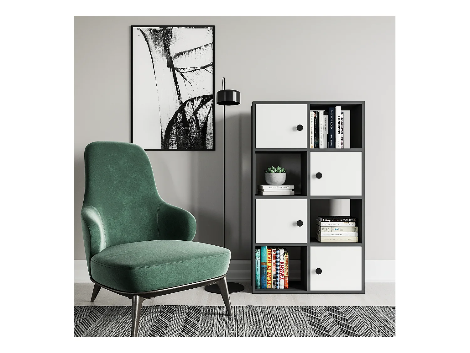 Tasso 123 cm H Bibliothèque 3 Étagères Ouvertes avec 3 Armoires Dos nu Rangement (Anthracite et Blanc)