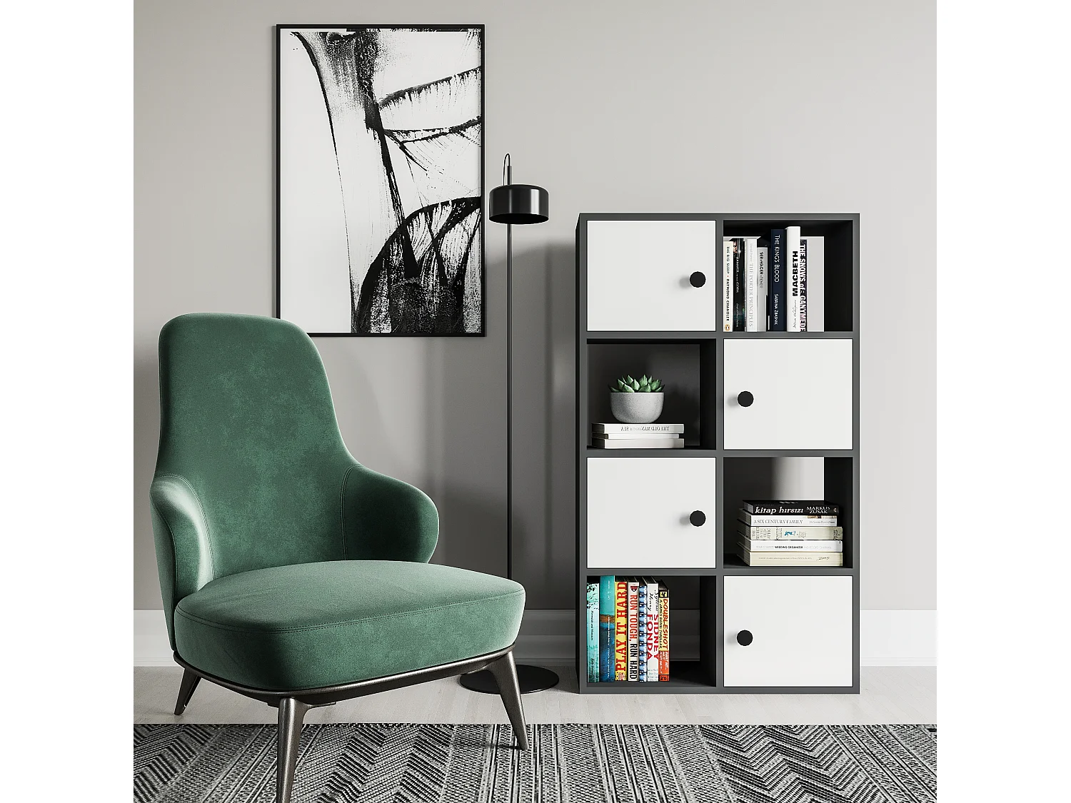 Tasso 123 cm H Bibliothèque 3 Étagères Ouvertes avec 3 Armoires Dos nu Rangement (Anthracite et Blanc)