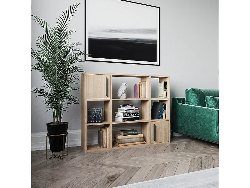 Randall Bibliothèque Rangement avec 2 Armoires et 7 Niches | Dos nu (Chêne)