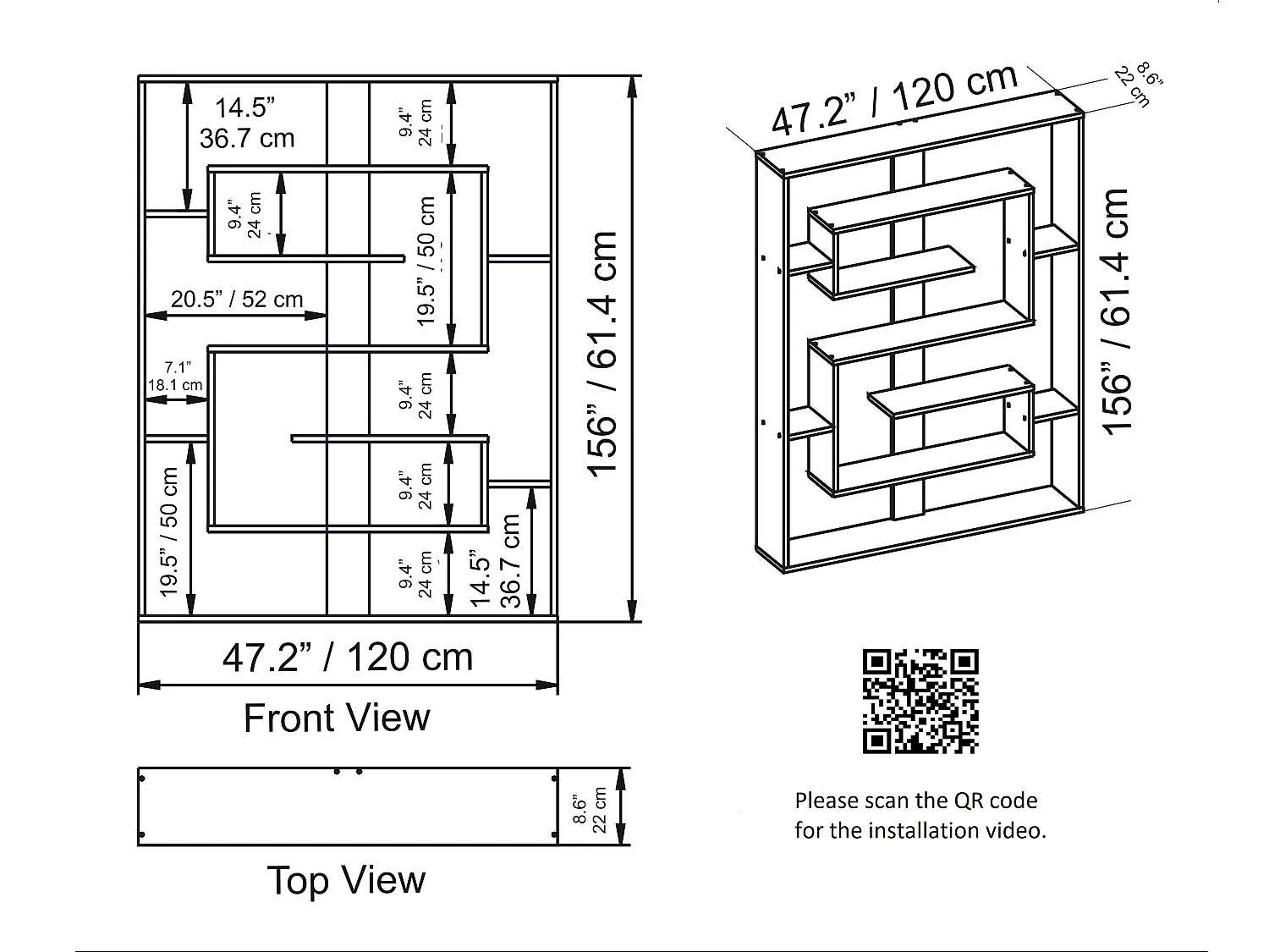 Esteban Bibliothèque Design Géométrique de 156 cm Hauteur (Noir)