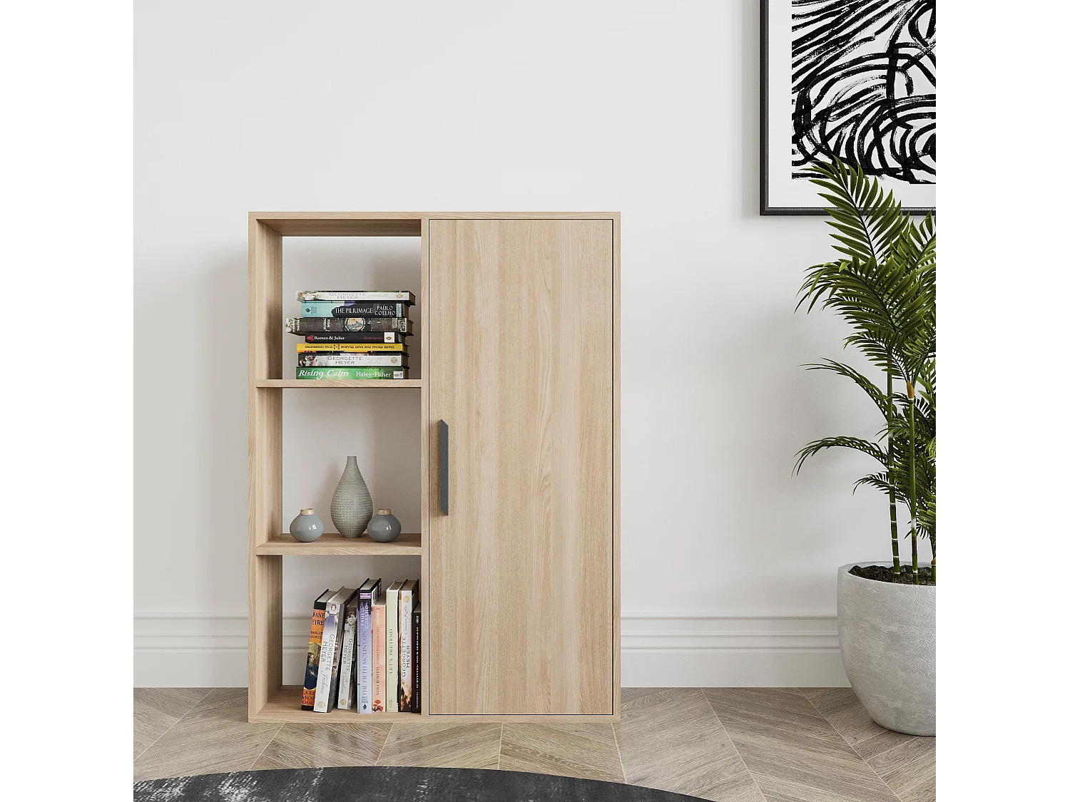 Patrick Bibliothèque 3 Etagères Ouverte et Armoire | Design Minimalist (Chêne)