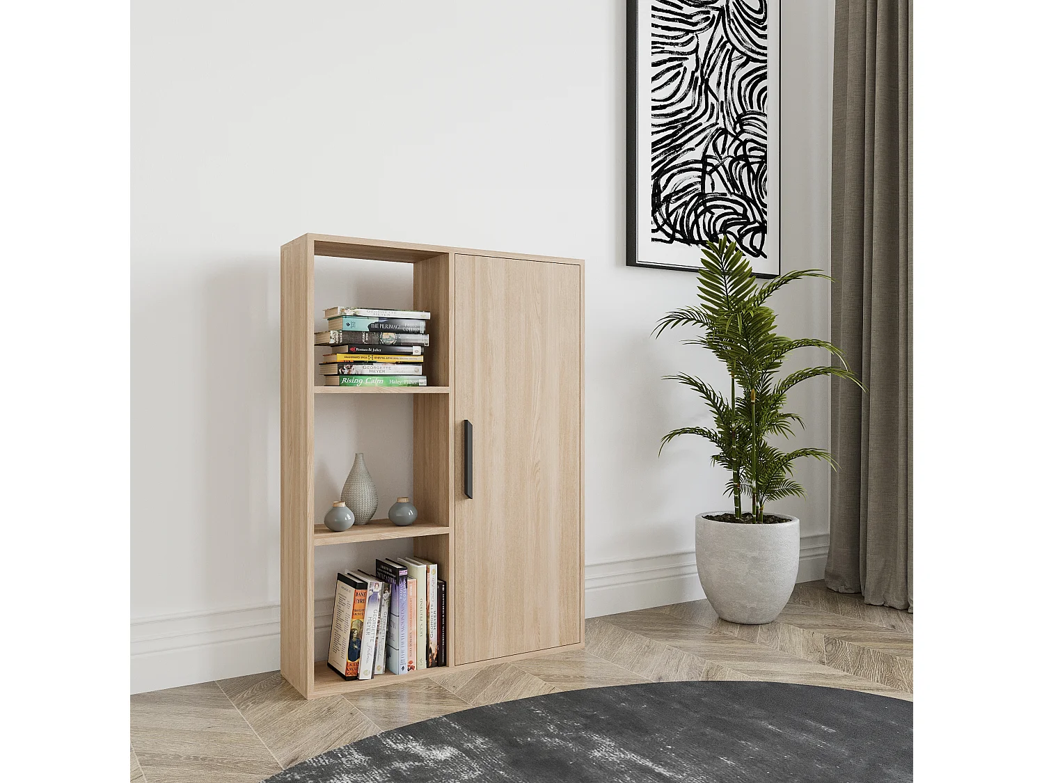 Patrick Bibliothèque 3 Etagères Ouverte et Armoire | Design Minimalist (Chêne)