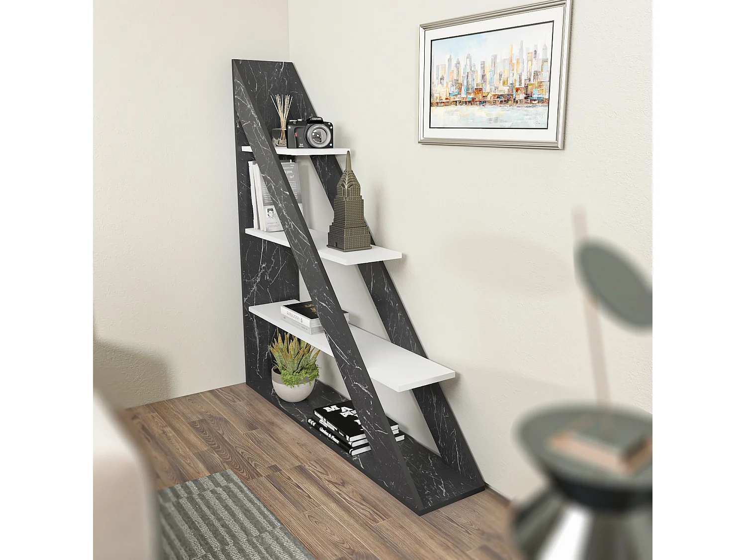 Pisagor Bibliothèque d'angle, Rangement et Étagère 3 Niveaux (Effet marbre noir et Blanc)