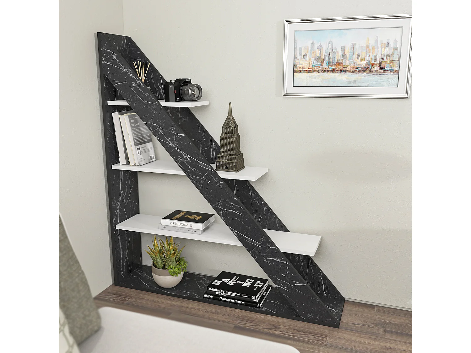 Pisagor Bibliothèque d'angle, Rangement et Étagère 3 Niveaux (Effet marbre noir et Blanc)