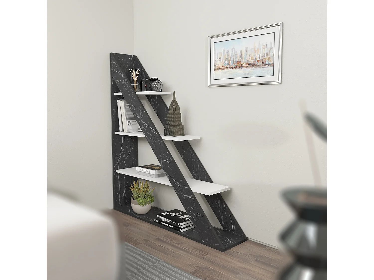 Pisagor Bibliothèque d'angle, Rangement et Étagère 3 Niveaux (Effet marbre noir et Blanc)