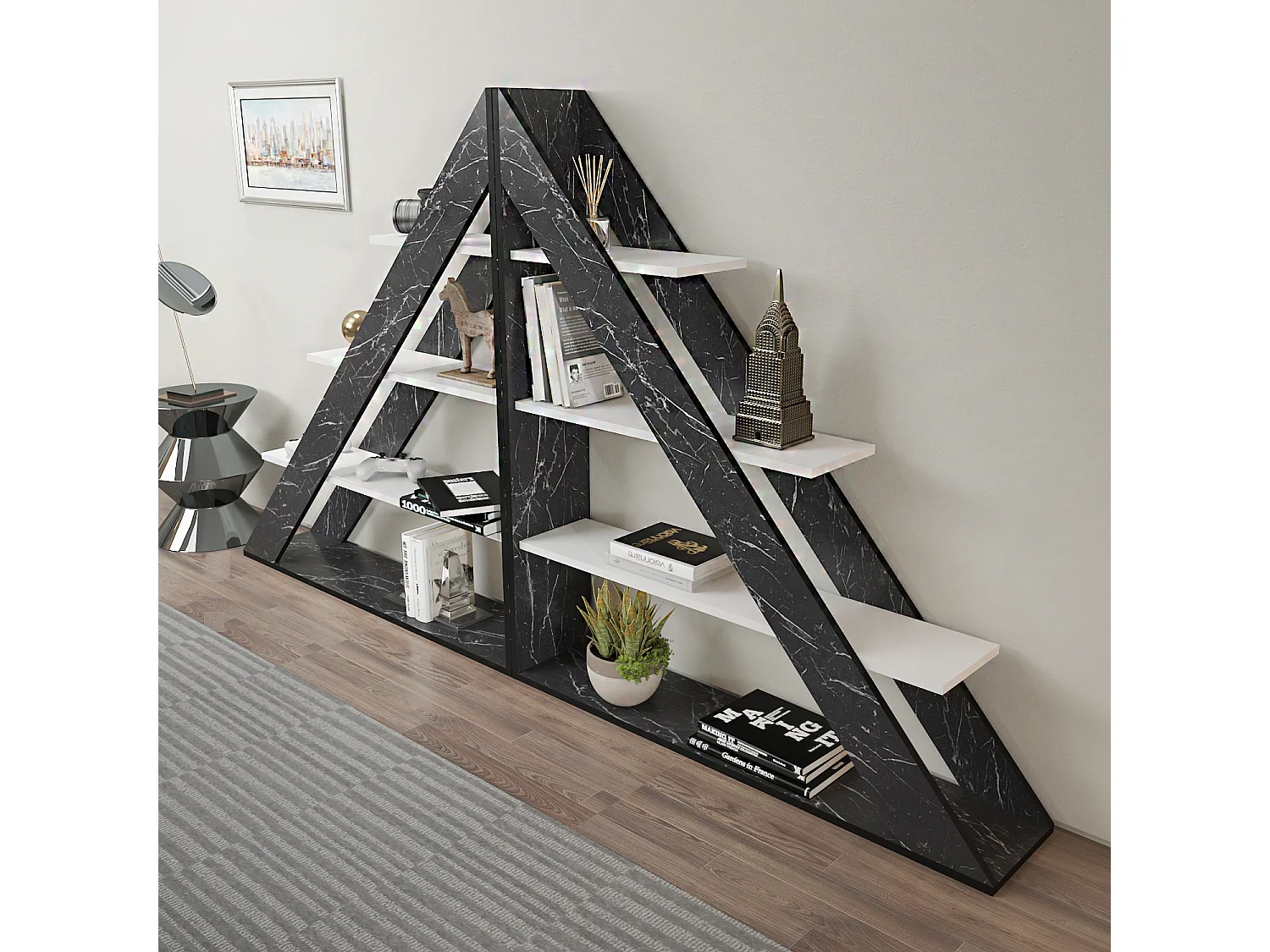 Pisagor Bibliothèque d'angle, Rangement et Étagère 3 Niveaux (Effet marbre noir et Blanc)