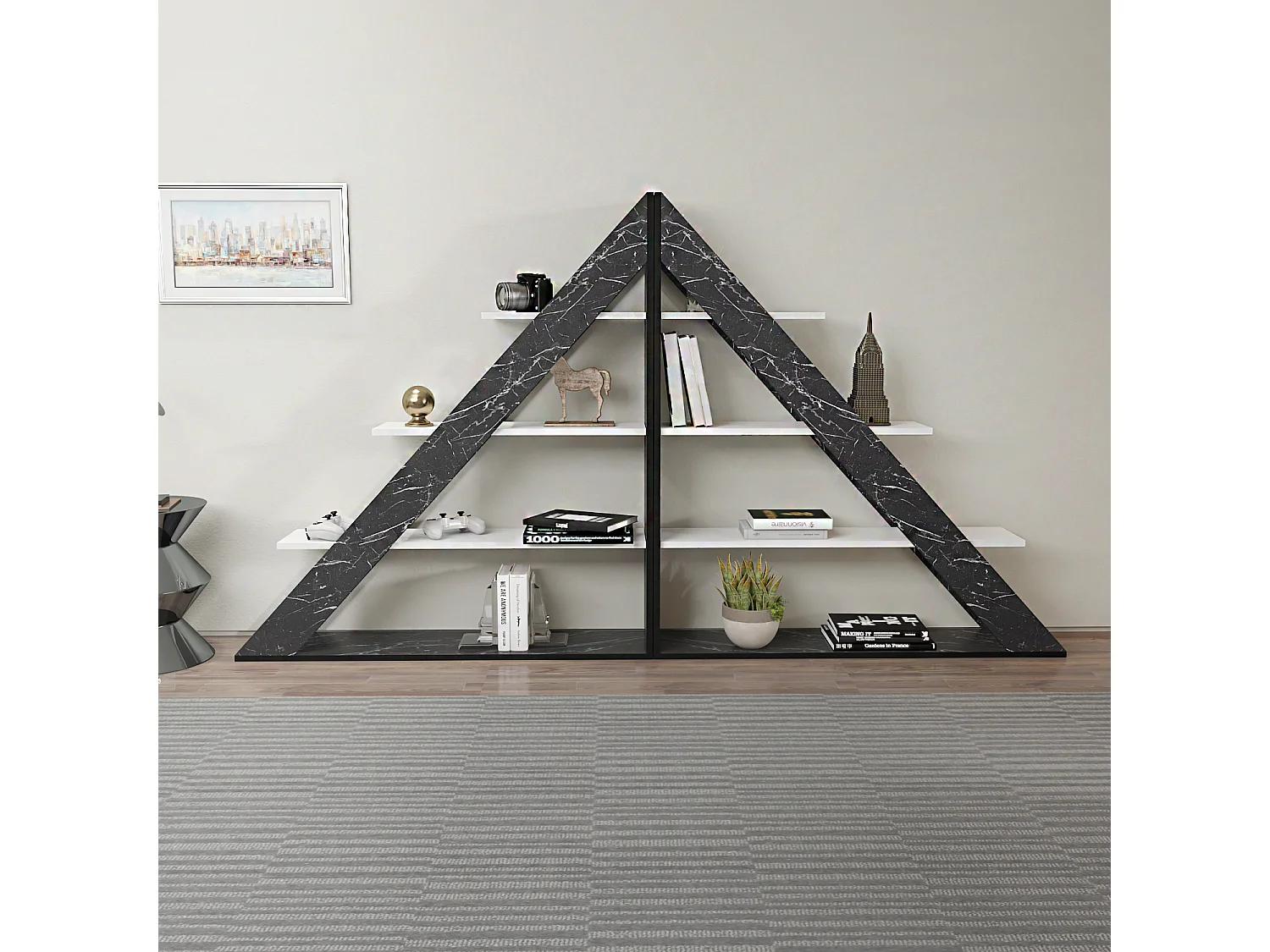 Pisagor Bibliothèque d'angle, Rangement et Étagère 3 Niveaux (Effet marbre noir et Blanc)