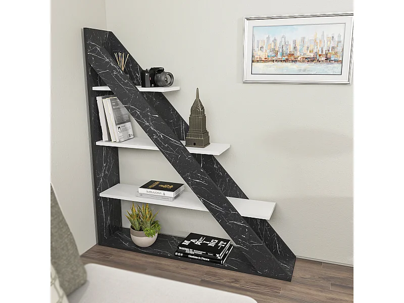Pisagor Bibliothèque d'angle, Rangement et Étagère 3 Niveaux (Effet marbre noir et Blanc)