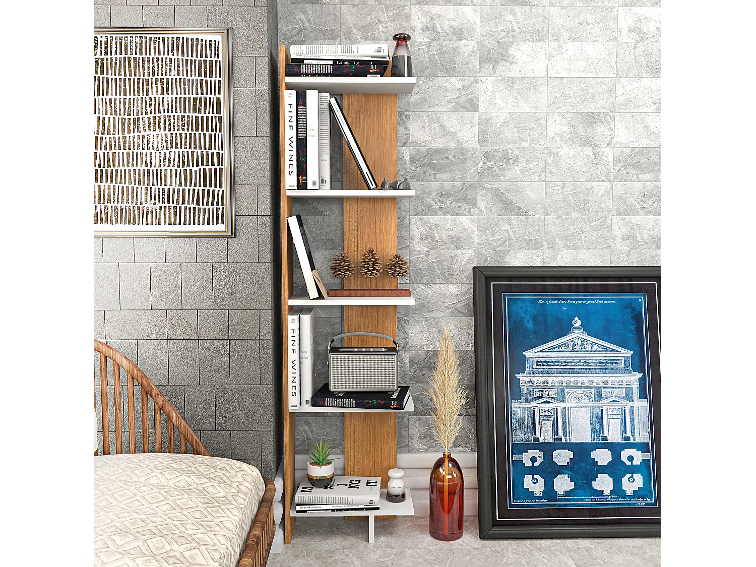 Bibliothèque d`angle 5-étagères Alice (Blanc et Teak)