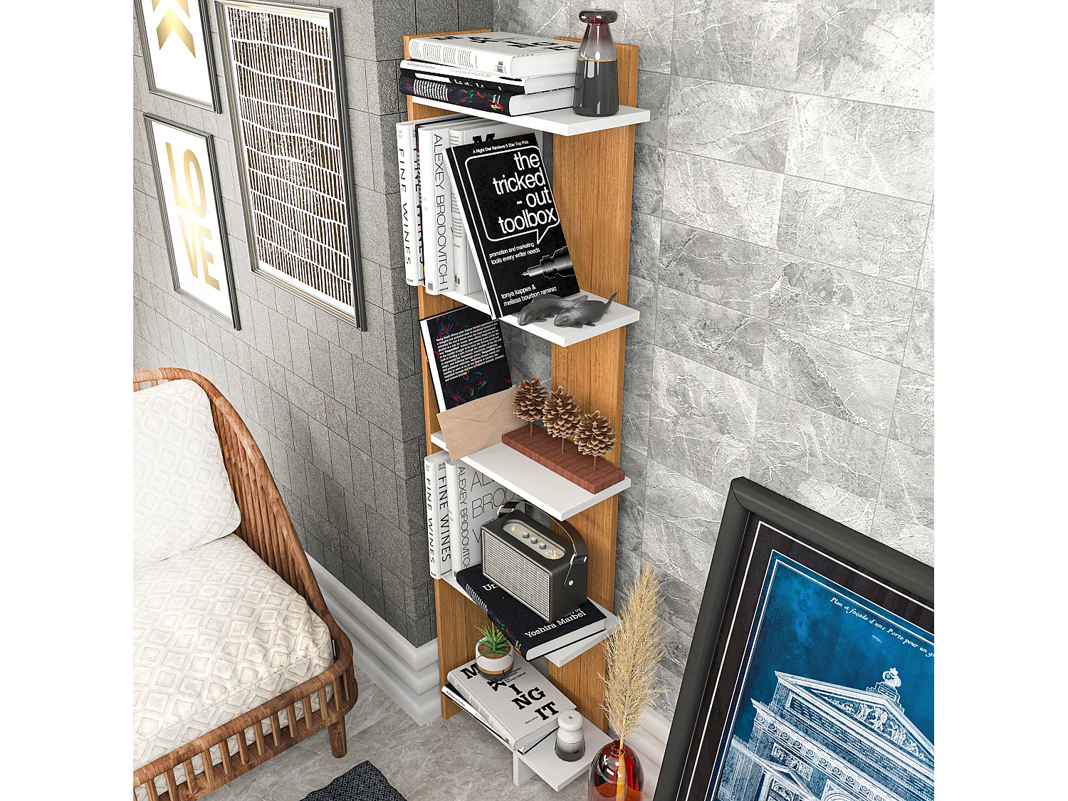 Bibliothèque d`angle 5-étagères Alice (Blanc et Teak)