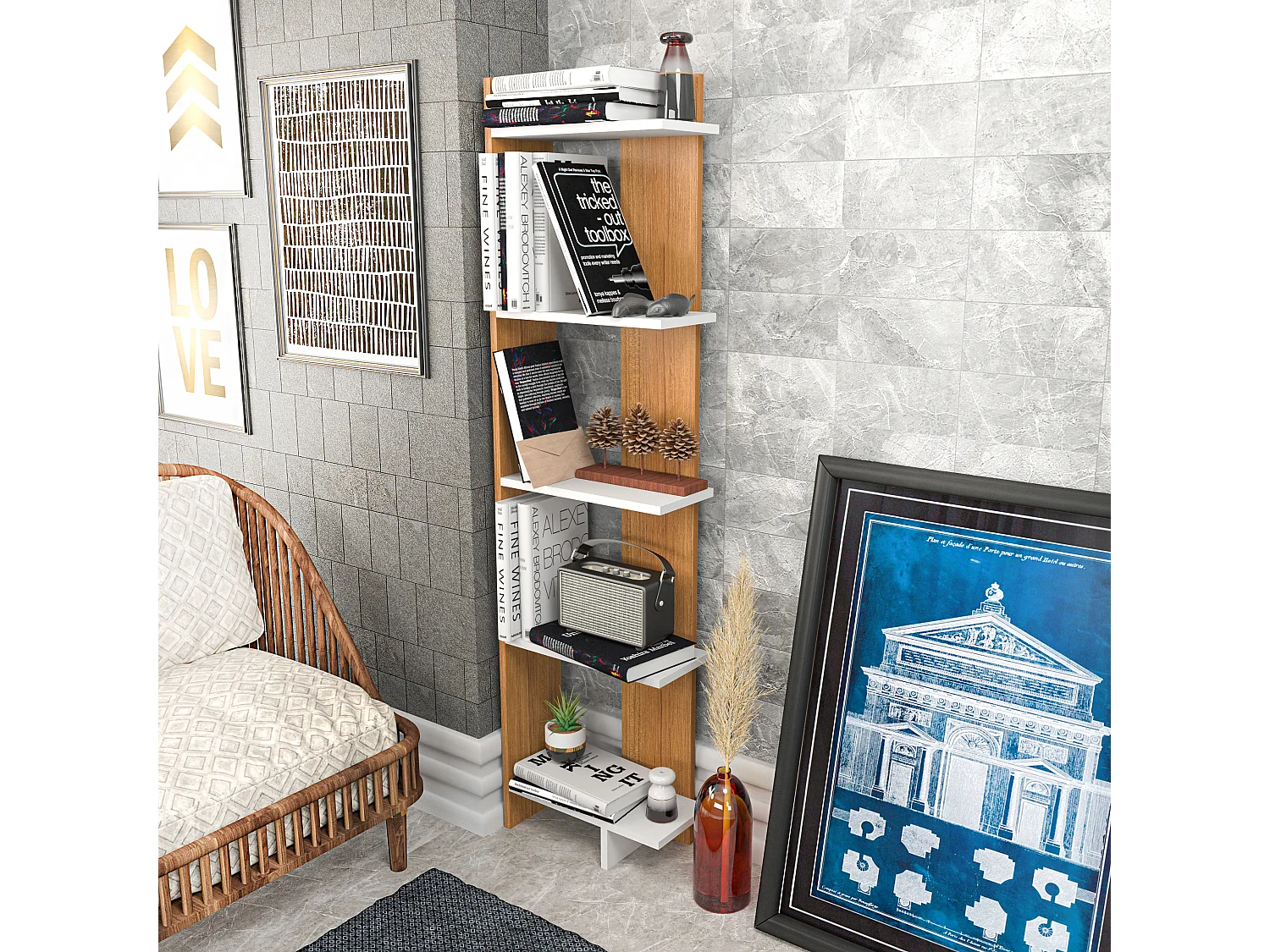 Decorotika Alice 5-tier Corner Bookcase Bookshelf Display Stand - 45 cm W x 19.6 cm D x 170 cm H