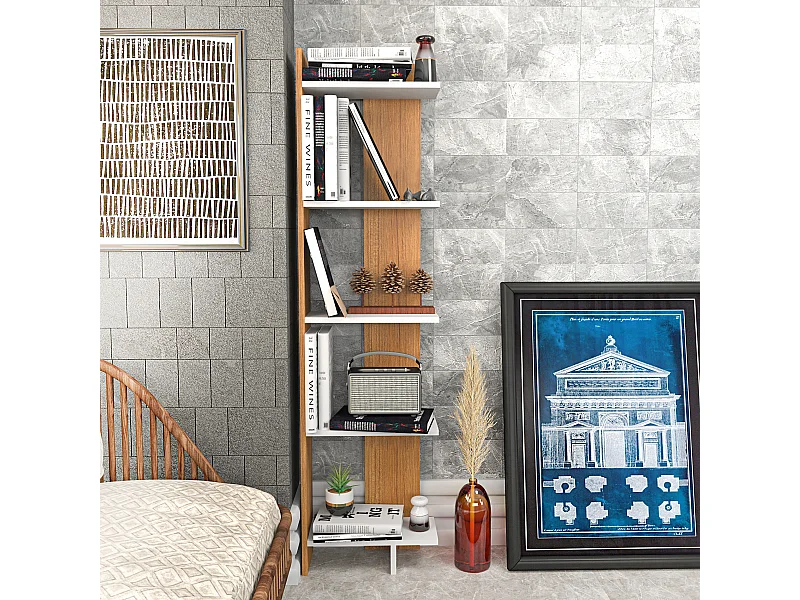 Bibliothèque d`angle 5-étagères Alice (Blanc et Teak)