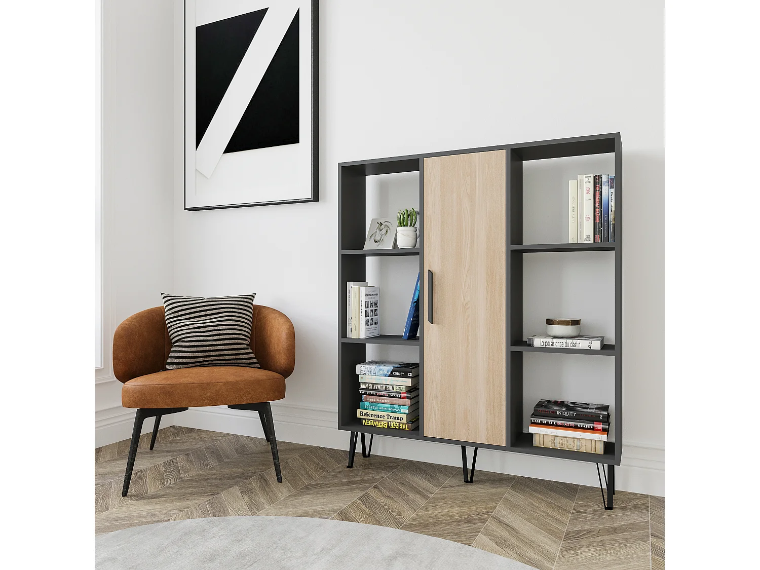Peoria Bibliothèque à 6 Etagères Ouvertes Armoire Rangement Classique (Anthracite et Chêne)