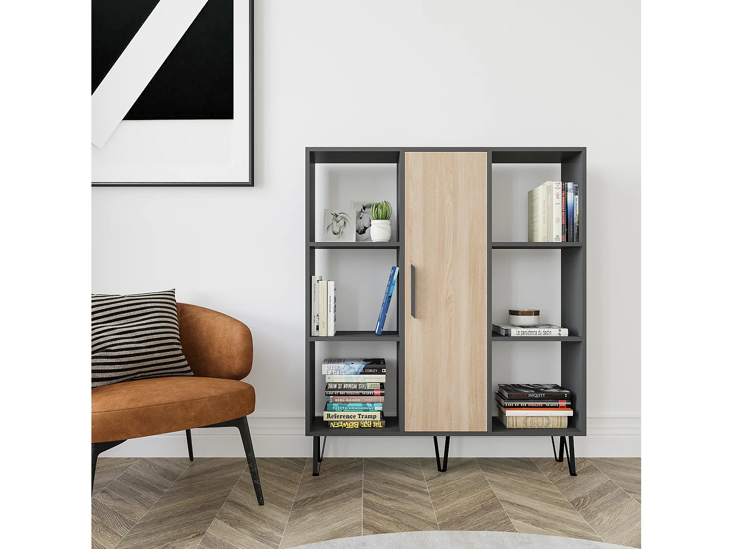 Peoria Bibliothèque à 6 Etagères Ouvertes Armoire Rangement Classique (Anthracite et Chêne)