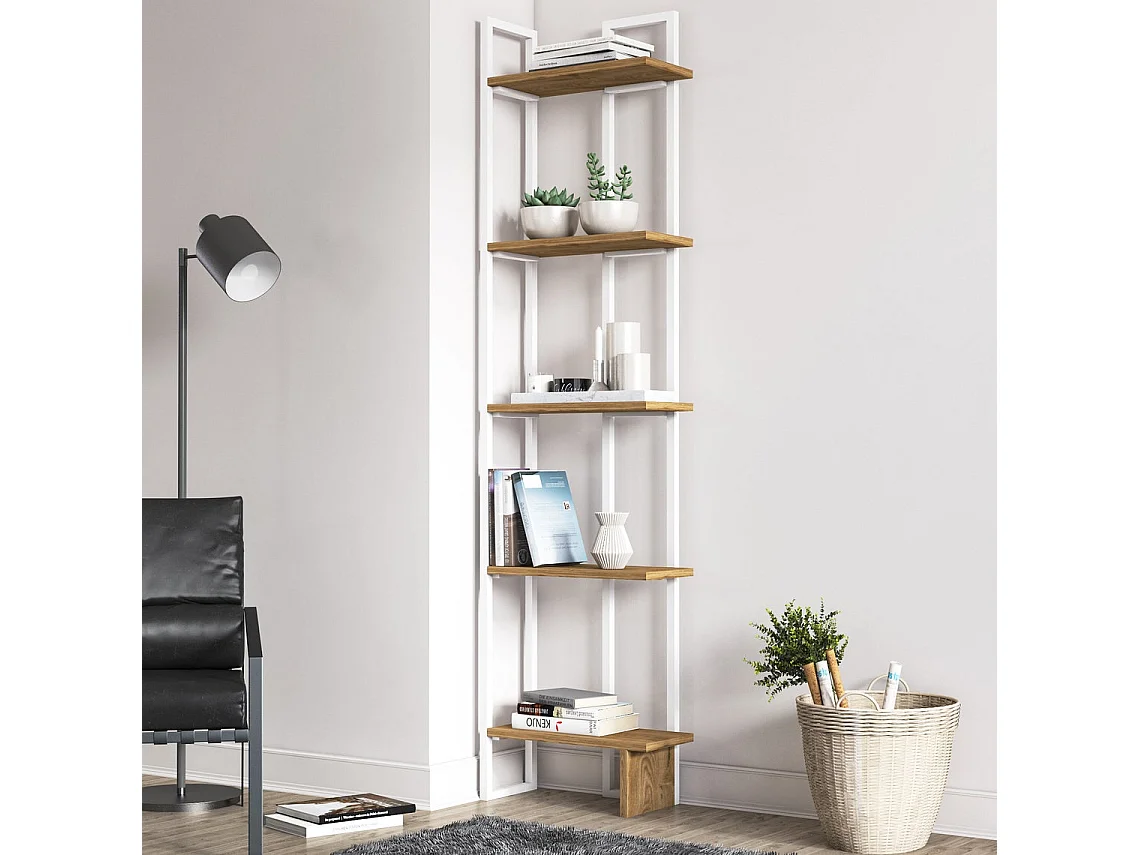 Bibliothèque d'angle 5-étagères Alice avec le cadre en métal (Blanc et Oud)