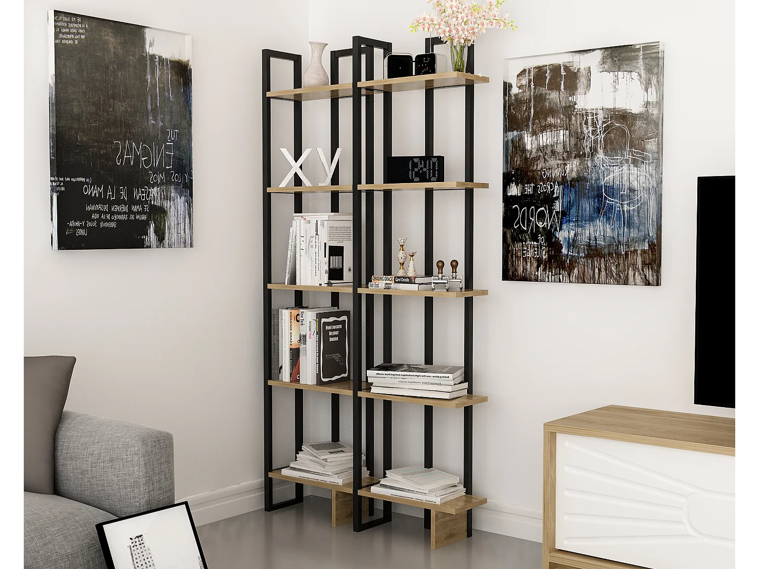 Bibliothèque d'angle 5-étagères Alice avec le cadre en métal (Blanc et Oud)