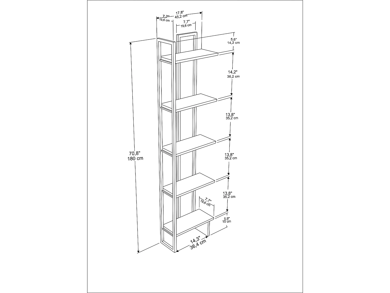 Decorotika Alice 180 cm 5-tier Metal Frame  Corner Bookshelf  - 45 cm W x 19.6 cm D x 180 cm H