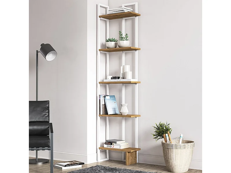 Bibliothèque d'angle 5-étagères Alice avec le cadre en métal (Blanc et Oud)