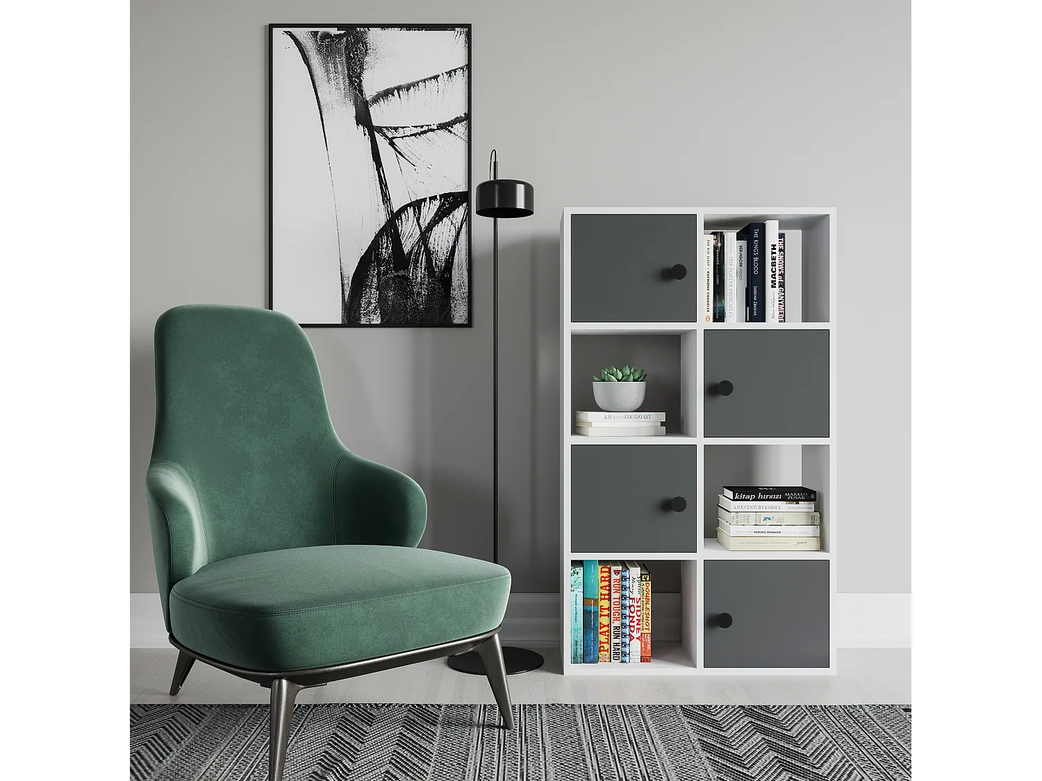 Tasso 123 cm H Bibliothèque 3 Étagères Ouvertes avec 3 Armoires Dos nu Rangement (Blanc et Anthracite)