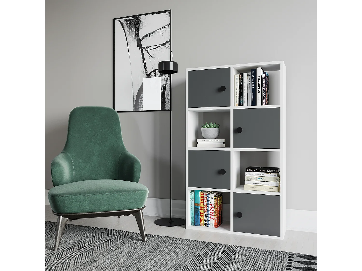 Tasso 123 cm H Bibliothèque 3 Étagères Ouvertes avec 3 Armoires Dos nu Rangement (Blanc et Anthracite)