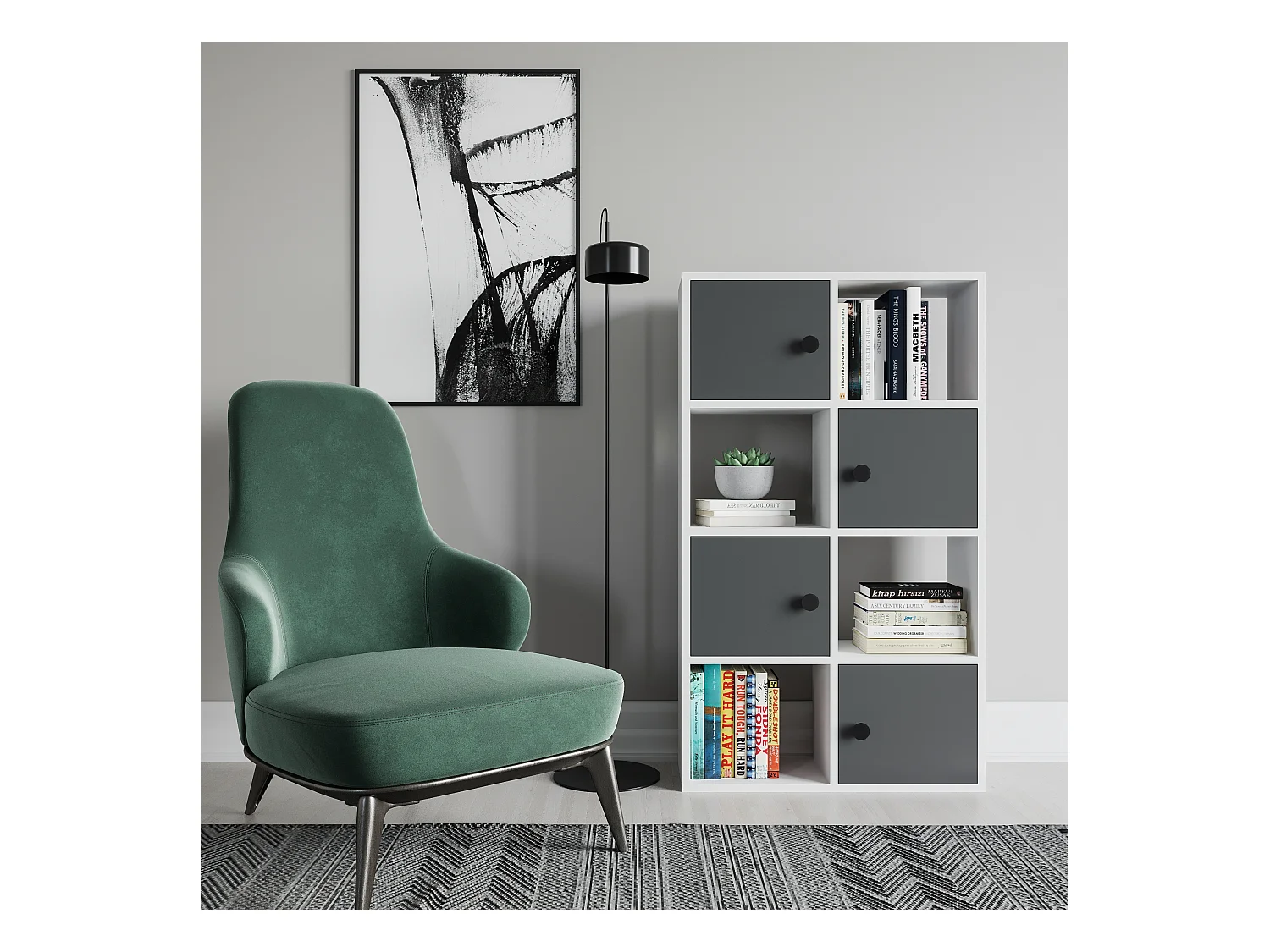 Tasso 123 cm H Bibliothèque 3 Étagères Ouvertes avec 3 Armoires Dos nu Rangement (Blanc et Anthracite)