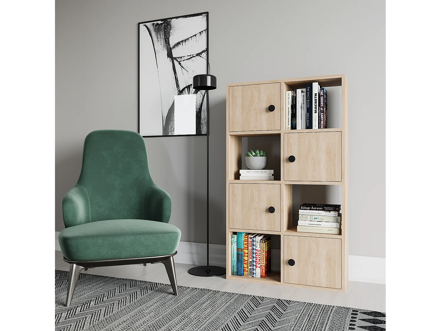 Tasso 123 cm H Bibliothèque 3 Étagères Ouvertes avec 3 Armoires Dos nu Rangement (Chêne)