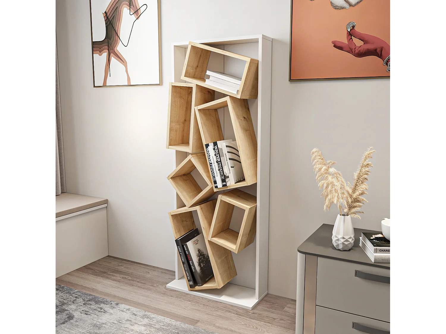 Carmen Bibliothèque Design Géométrique (Blanc et Chêne)