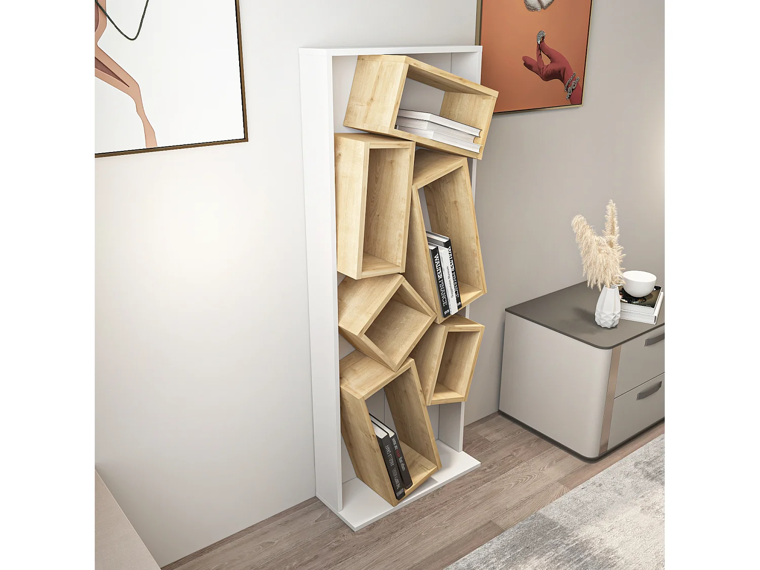 Carmen Bibliothèque Design Géométrique (Blanc et Chêne)